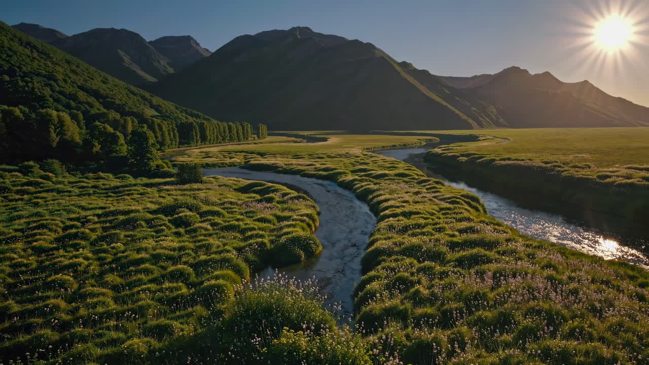 Aerial view of a winding river through lush green fields with mountains in the background