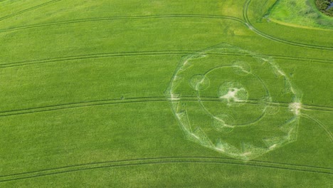 Vista-Aérea-De-Pájaro-Sobre-Un-Círculo-De-Cultivo-Geométrico-Preciso-En-Exuberantes-Tierras-De-Cultivo-Cubiertas-De-Hierba-De-Wiltshire-2022