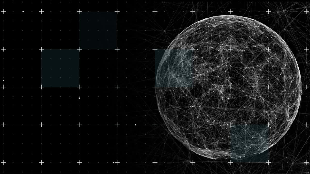 Digital animation of globe of network of connections against grid network on black background