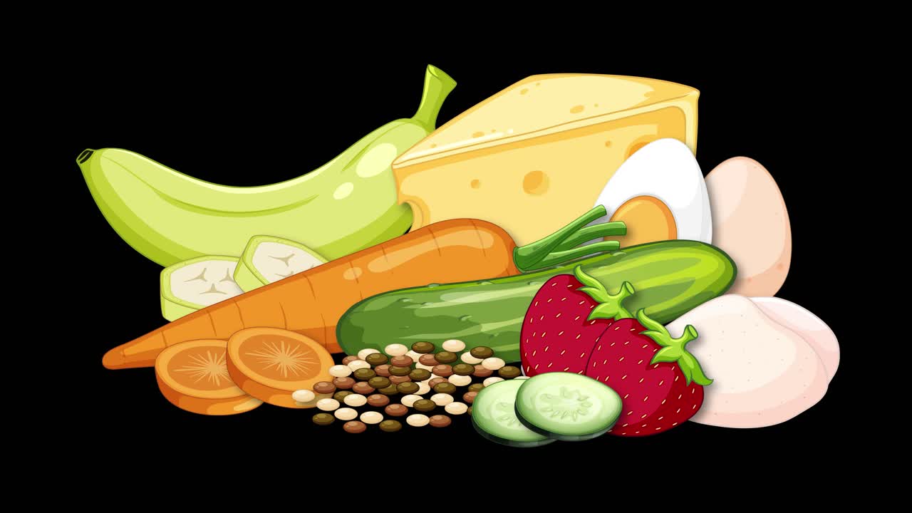 Healthy low FODMAP foods assemble gradually, vibrant colors, flat vector style, black background