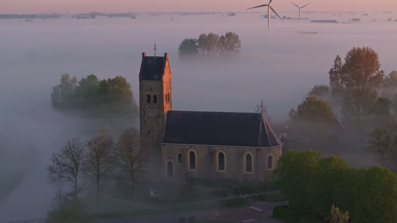 Luftfoto af kirketårn og kanal i Hichtum ved gyldent daggry.