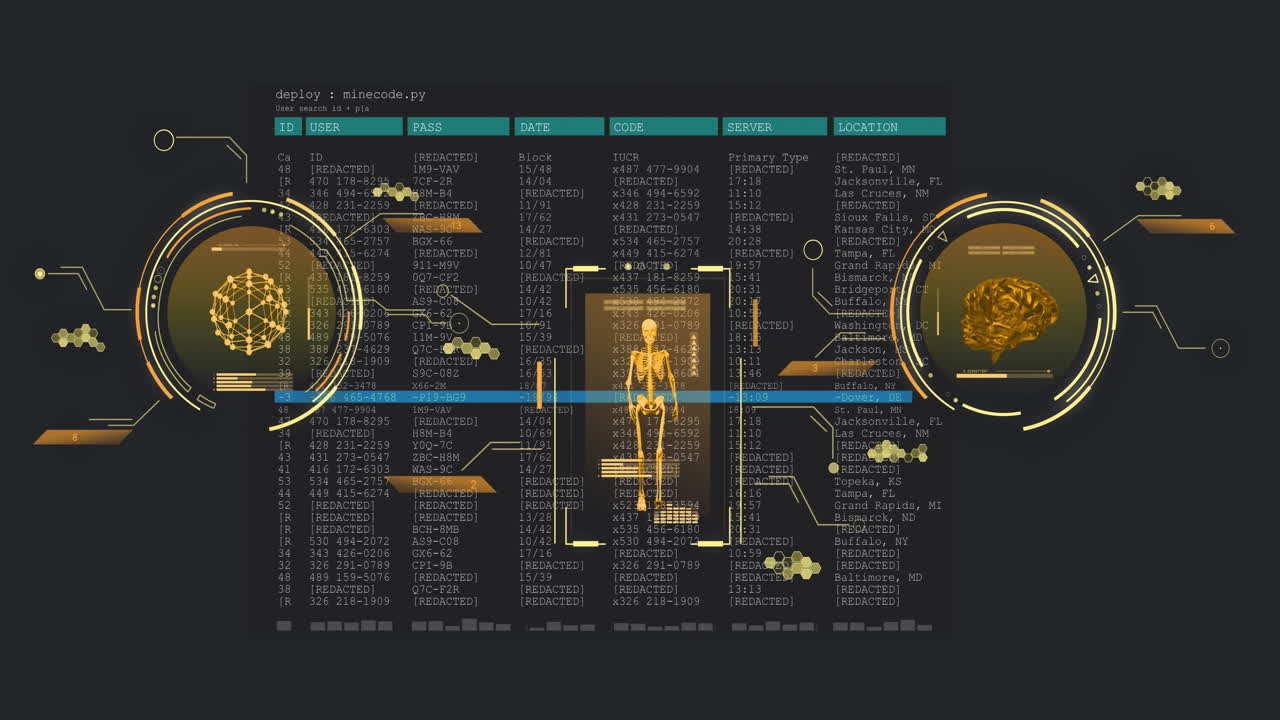 검은색 배경에 과학 데이터와 연결 네트워크의 애니메이션