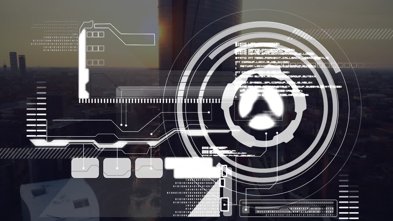 Animation of scope scanning and data processing over cityscape
