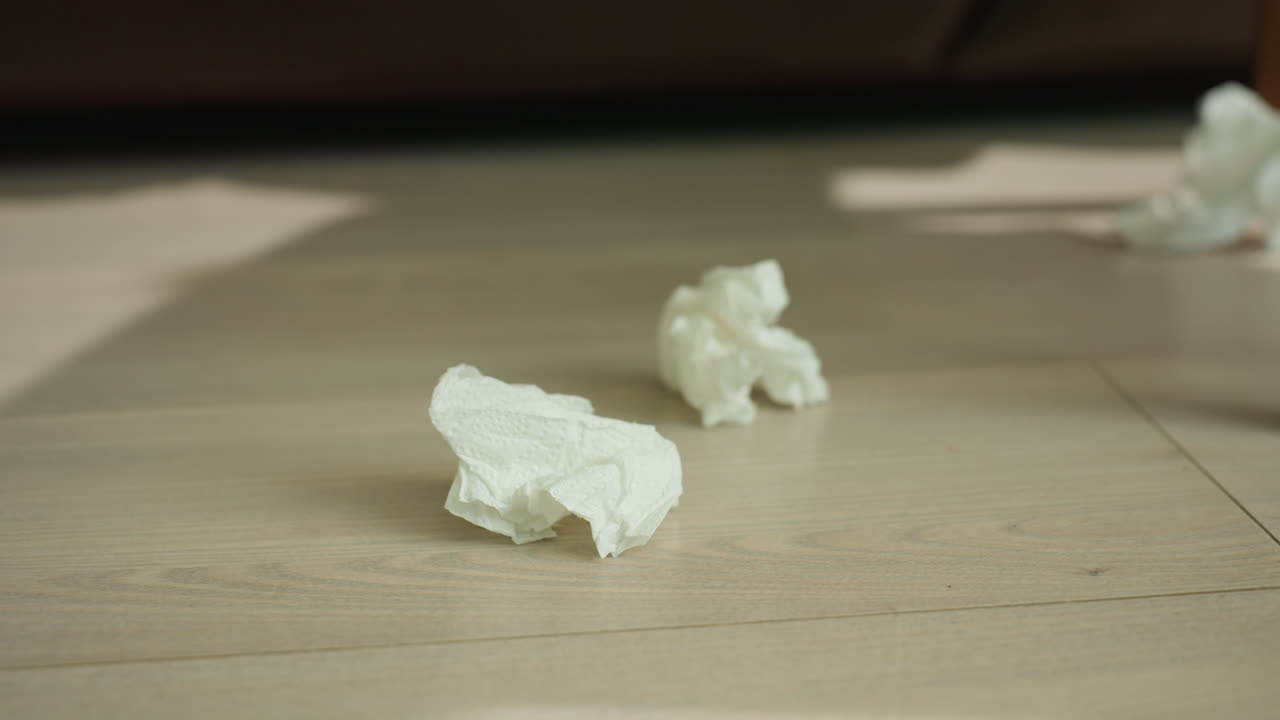 바닥에 구겨진 휴지 두 장, 장난기 넘치는 재채기나 반려동물의 장난 후 햇볕이 잘 드는 거실, 의자 다리 그림자와 질감이 있는 나무 판자, 알레르기, 청소 또는 아이들의 놀이를 암시하는 솔직한 가정 풍경, 따뜻함