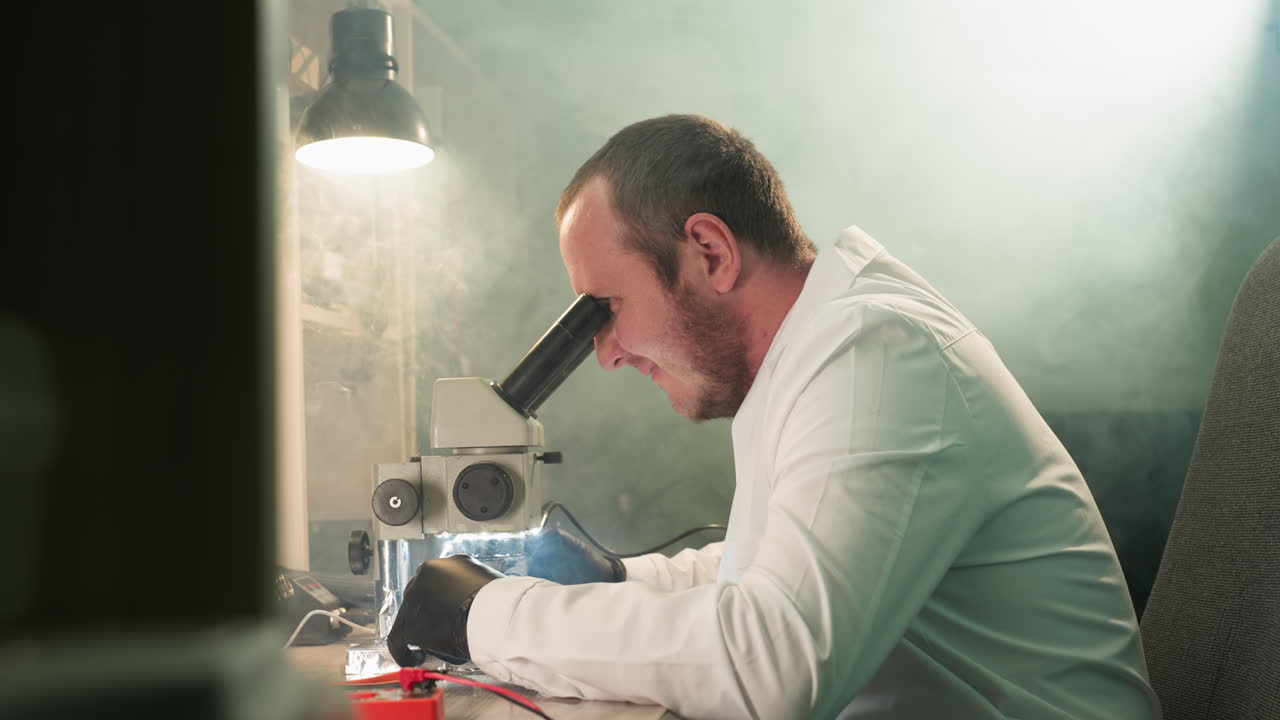 una vista de cerca de un técnico en una bata de laboratorio trabajando bajo un microscopio, examinando cuidadosamente y soldando una placa de circuitos electrónicos, con la habitación llena de humo
