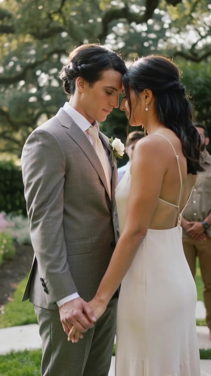 Vídeo vertical: Noiva de vestido e noivo inclinados de mãos dadas no jardim enquanto os votos começam, com um broche de flor.