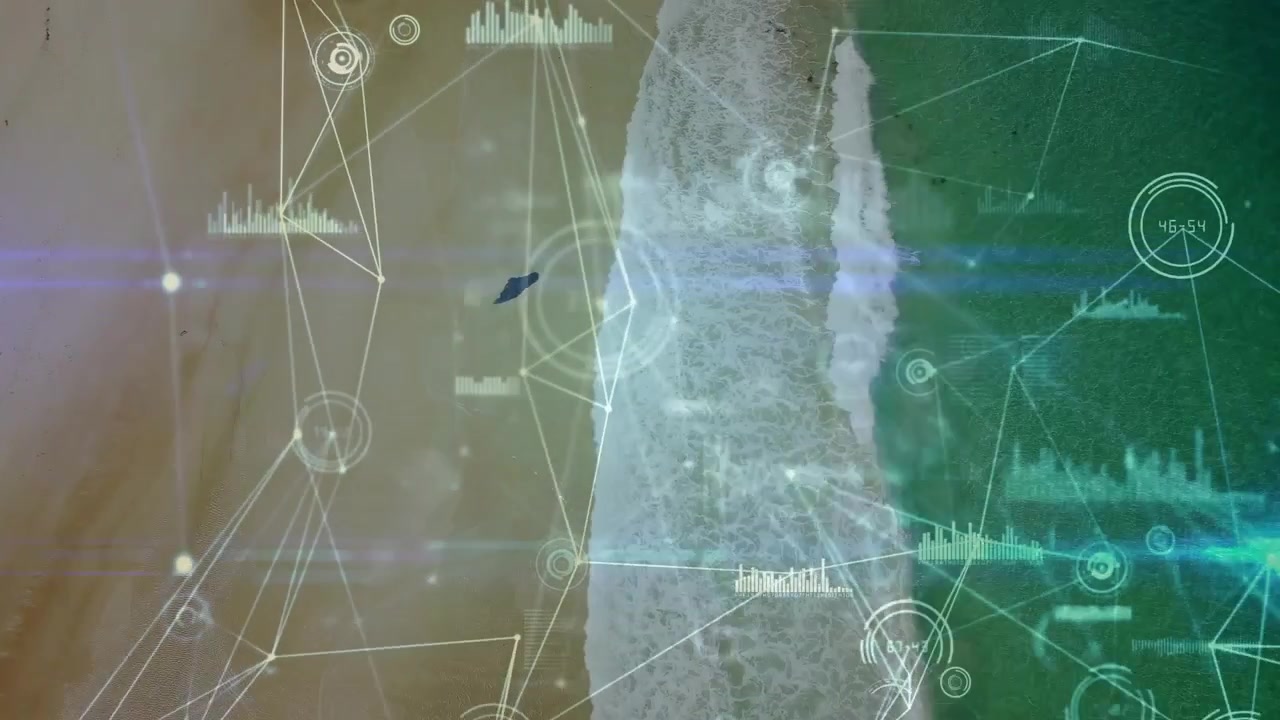 HUD overlay activating on shoreline detection, nodes spawning and linking, visualizing coastal data