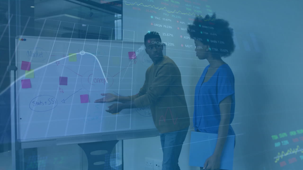 Financial data processing animation over business meeting with whiteboard discussion