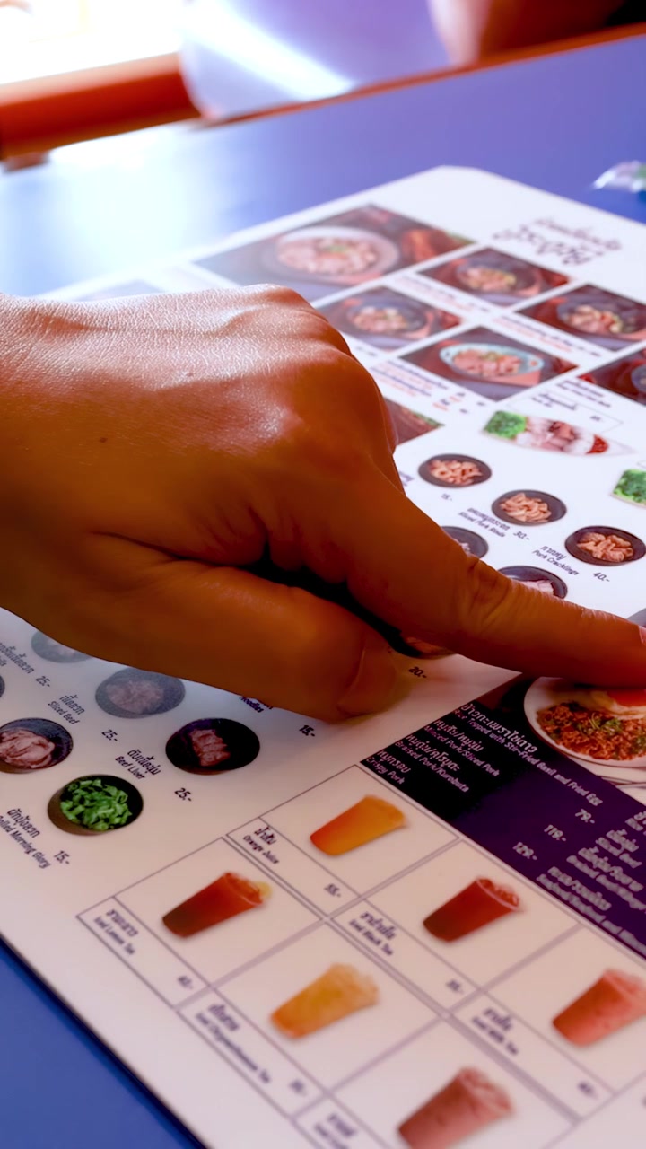 En persons hånd peger på forskellige madvarer på en farverig menu på en restaurant.