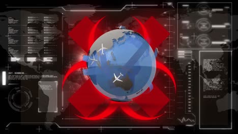 Animation-of-globe-with-planes-and-red-biohazard-symbol-over-data-processing