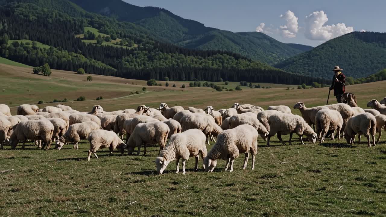 Un video aereo cattura una valle verde e lussureggiante con case sparse, circondata da montagne