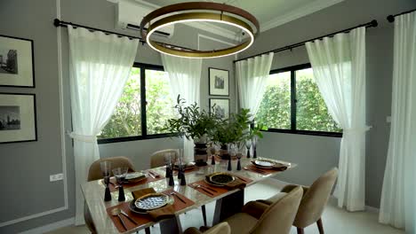 stylish beige and white dining area, open plan home decoration