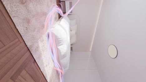 dormitorio vertical moderno en el apartamento de la casa con flujo de energía alrededor de la cama en 3d renderización de animación concepto de diseño de interiores