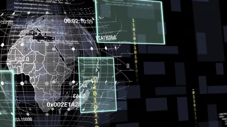 Animation of globe and data processing over digital screens