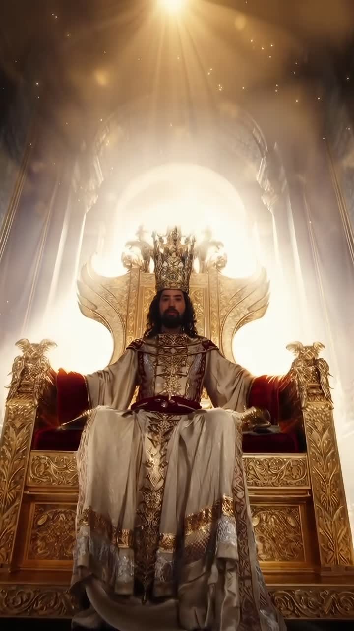 Majestuoso rey en un trono dorado, capturado desde un ángulo bajo, perfecto para un video de fantasía