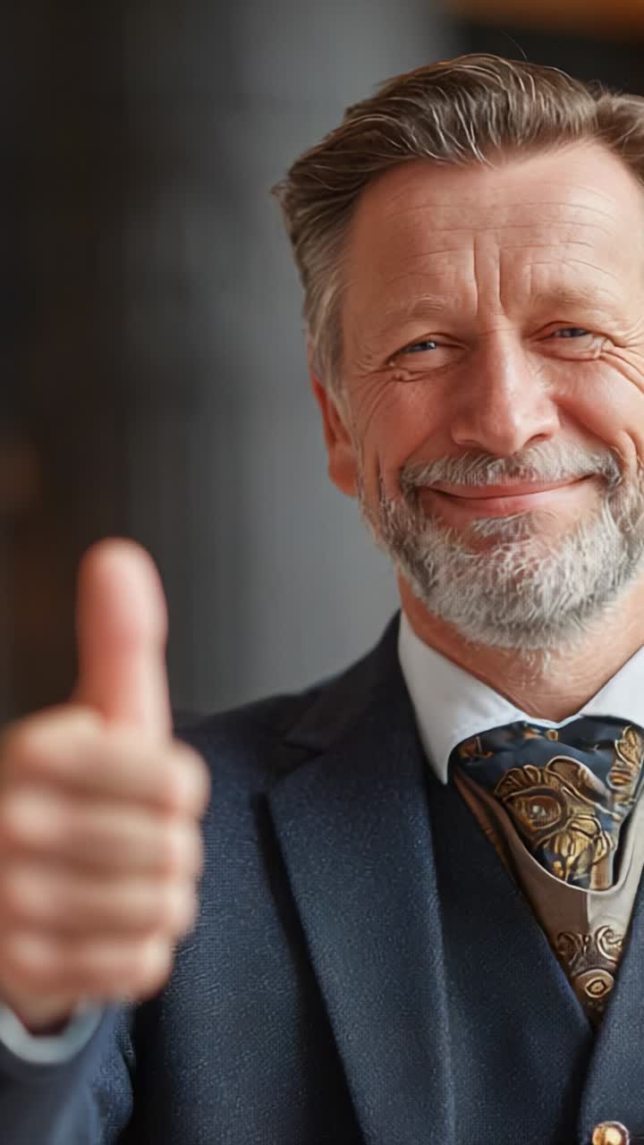 A Confident Businessman with a Warm Smile and Thumbs Up Gesture, Radiating Positivity and Success in a Professional Environment