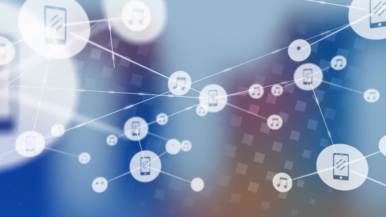 반 ⁇ 이는 그라디엔트 사각형 모양 패턴 디자인에 대한 디지털 아이콘 네트워크의 애니메이션