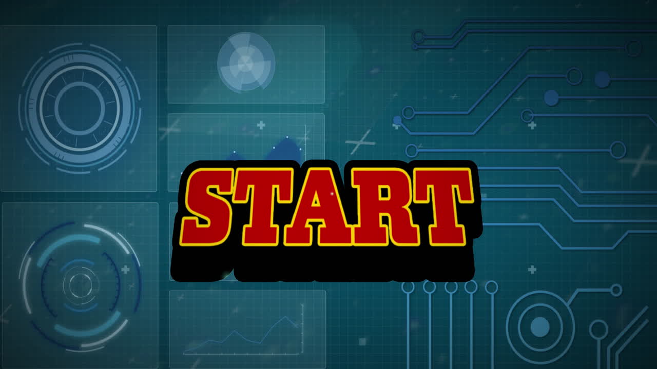 Animation of start text over data processing on dark background