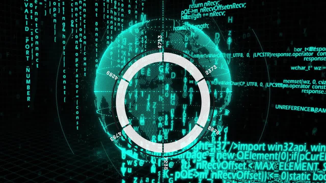 3D holographic digital globe rotating within segmented data ring, displaying cascading code streams