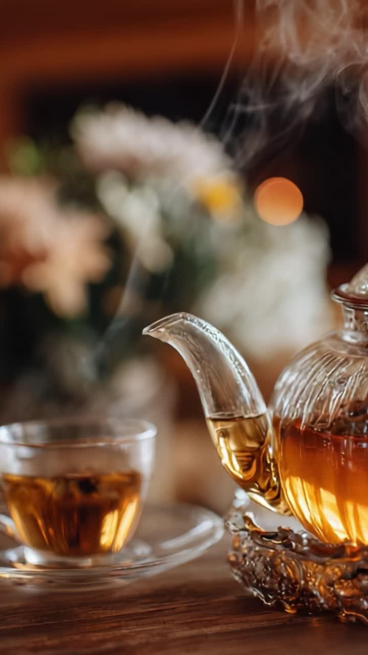 L'ora del tè con eleganza: una teiera finemente realizzata con tè fumante e un delicato sfondo floreale creano un'atmosfera accogliente per il relax e il piacere
