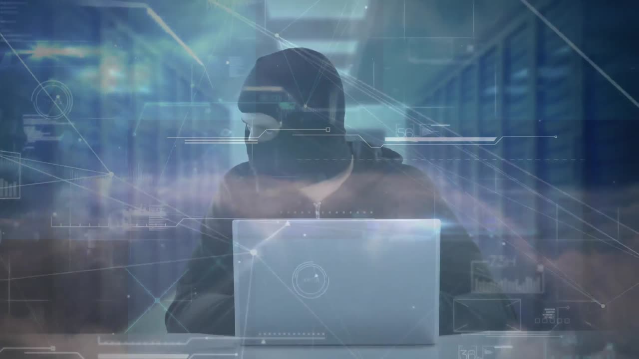 Animation of networks of connections over hacker with laptop and computer servers