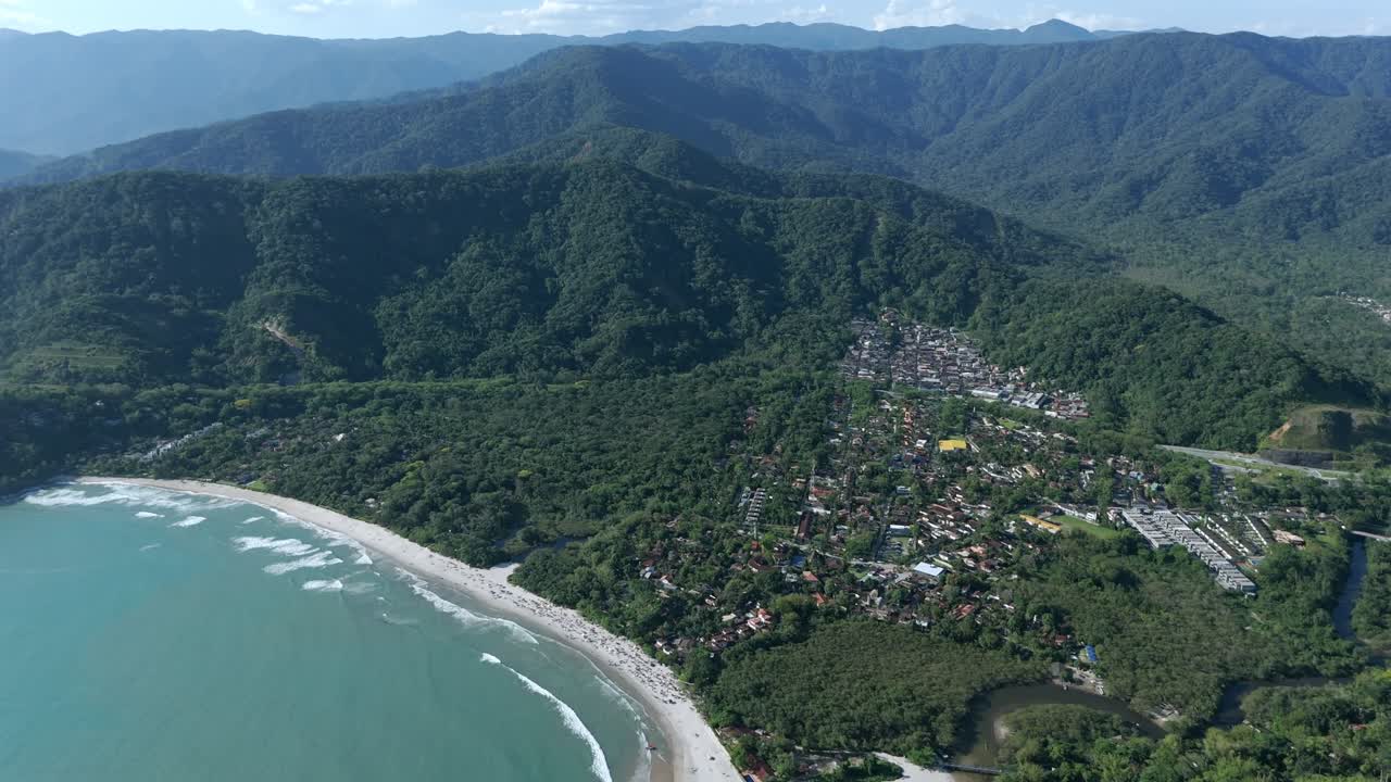 Aerial flying towards Barra do Sahy beach, Sao Sebastiao, Brazil