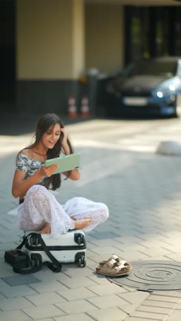 woman sitting on luggage, reading a tablet, outdoors