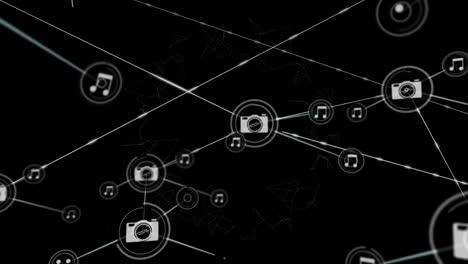 Animation-of-network-of-connections-with-icons-on-black-background