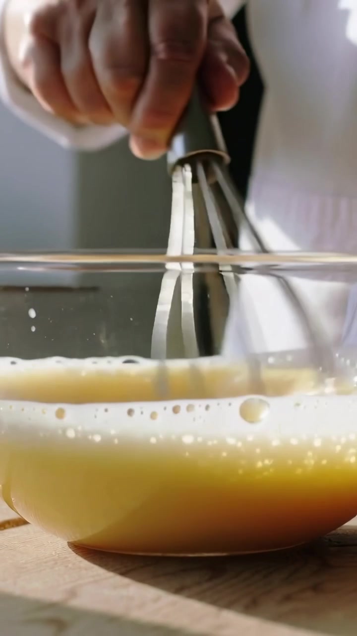 Video verticale: Mano di cuoco in camice bianco che mescola con una frusta in una ciotola in cucina.