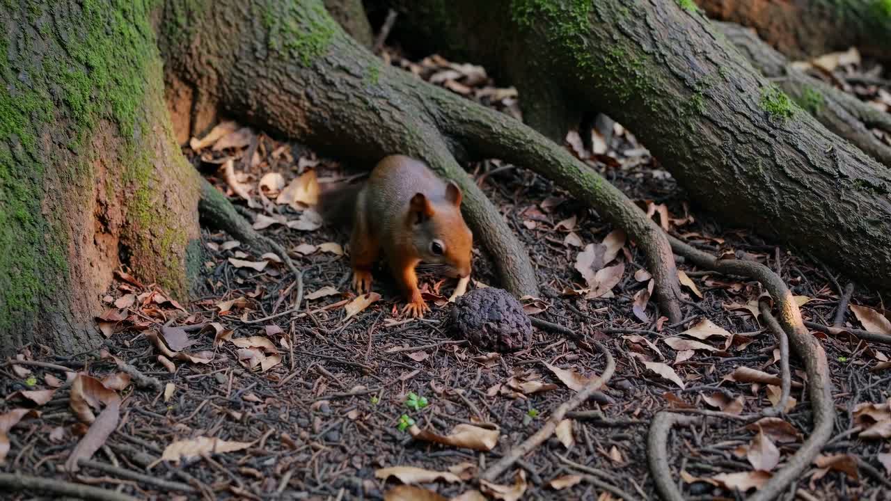 A low-angle video shot captures a squirrel under a tree, surrounded by roots and leaves