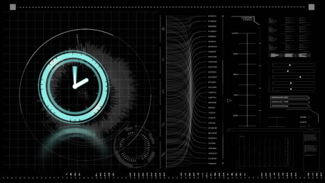 Animation of clock moving fast and data processing on digital screen