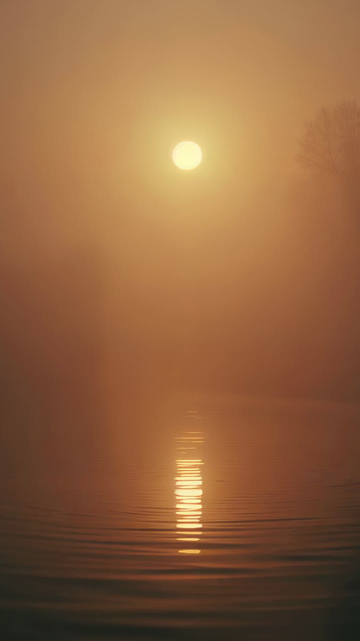 Vertical video: Glowing sun casting vertical reflection over misty river, fog thinning showing tree