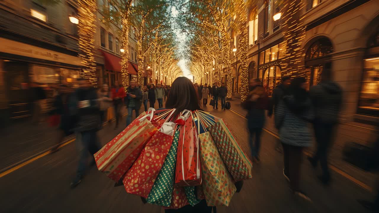 Emerging woman wearing dark coat carrying holiday bags navigating lit avenue toward glowing arch