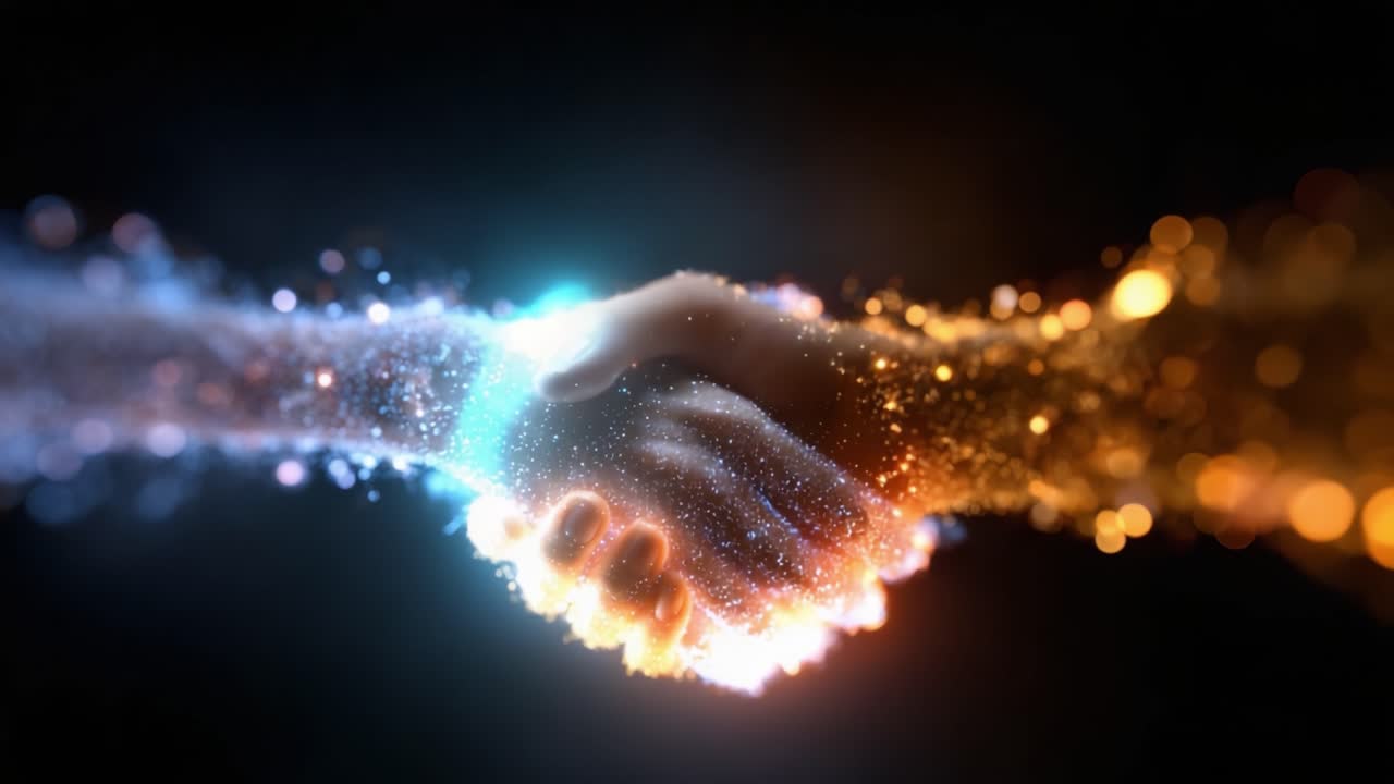 A Cosmic Handshake: Two Hands Merging in a Spectacular Display of Light, Color, and Energy, Symbolizing Connection and Collaboration in a Vibrant Universe