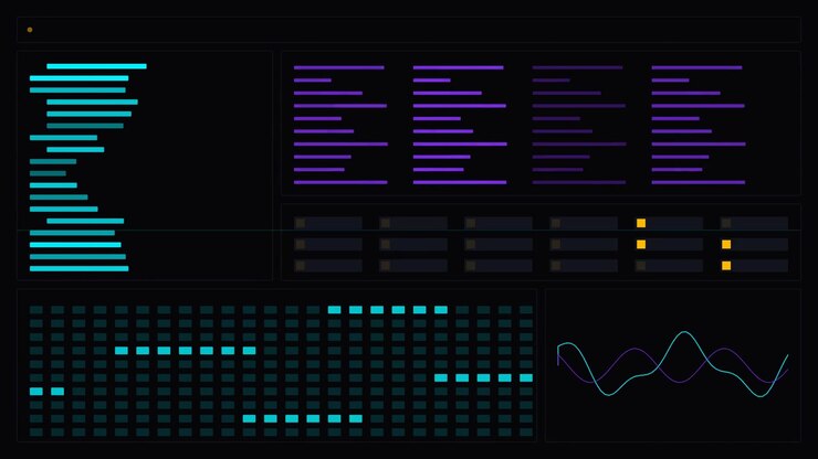 Interfaccia dashboard di dati digitali con grafici e metriche animate