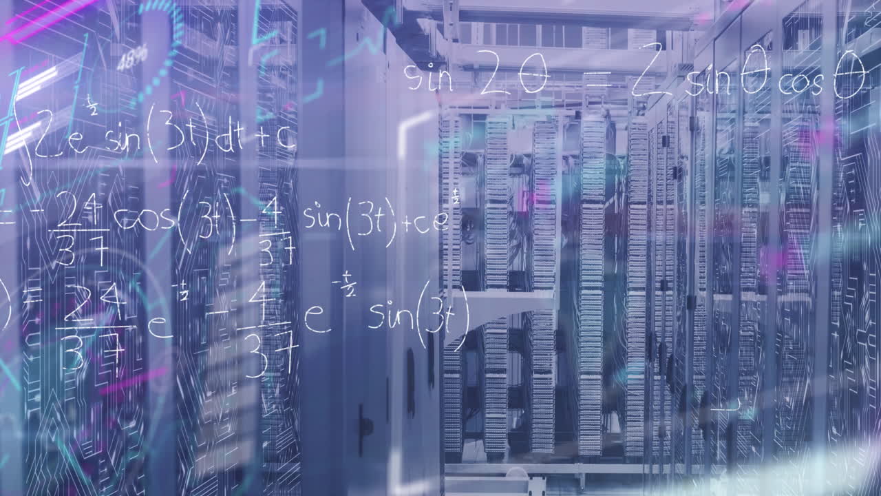 Animation of data processing and mathematical equations against computer server room