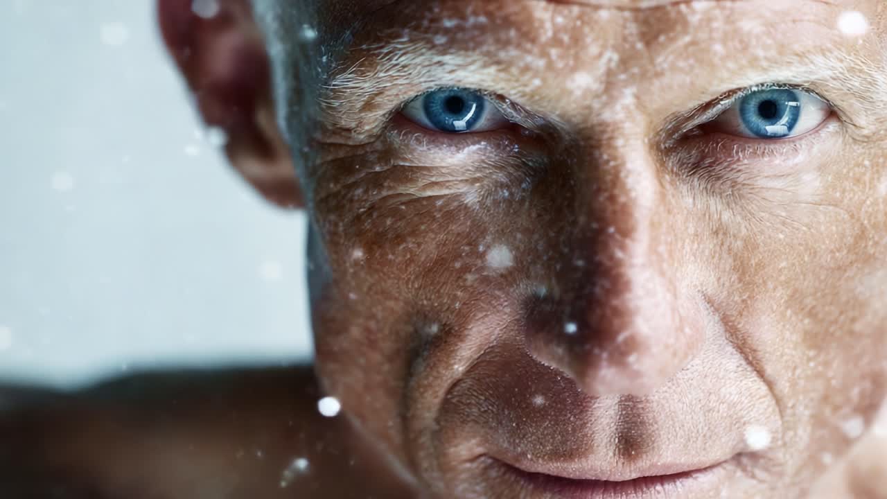 A captivating close-up portrait showcasing the intense gaze of a mature man with striking blue eyes, surrounded by a soft, ethereal snowfall effect that enhances the image's depth