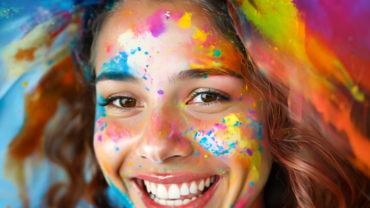 una niña cubierta de pintura colorida en su cara