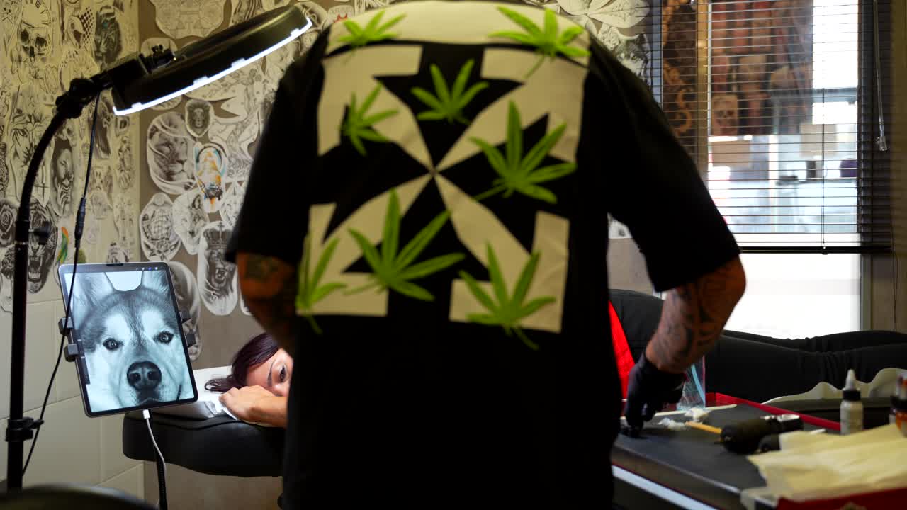 Rear shot of tattoo artist setting up tools to tattooing a young woman