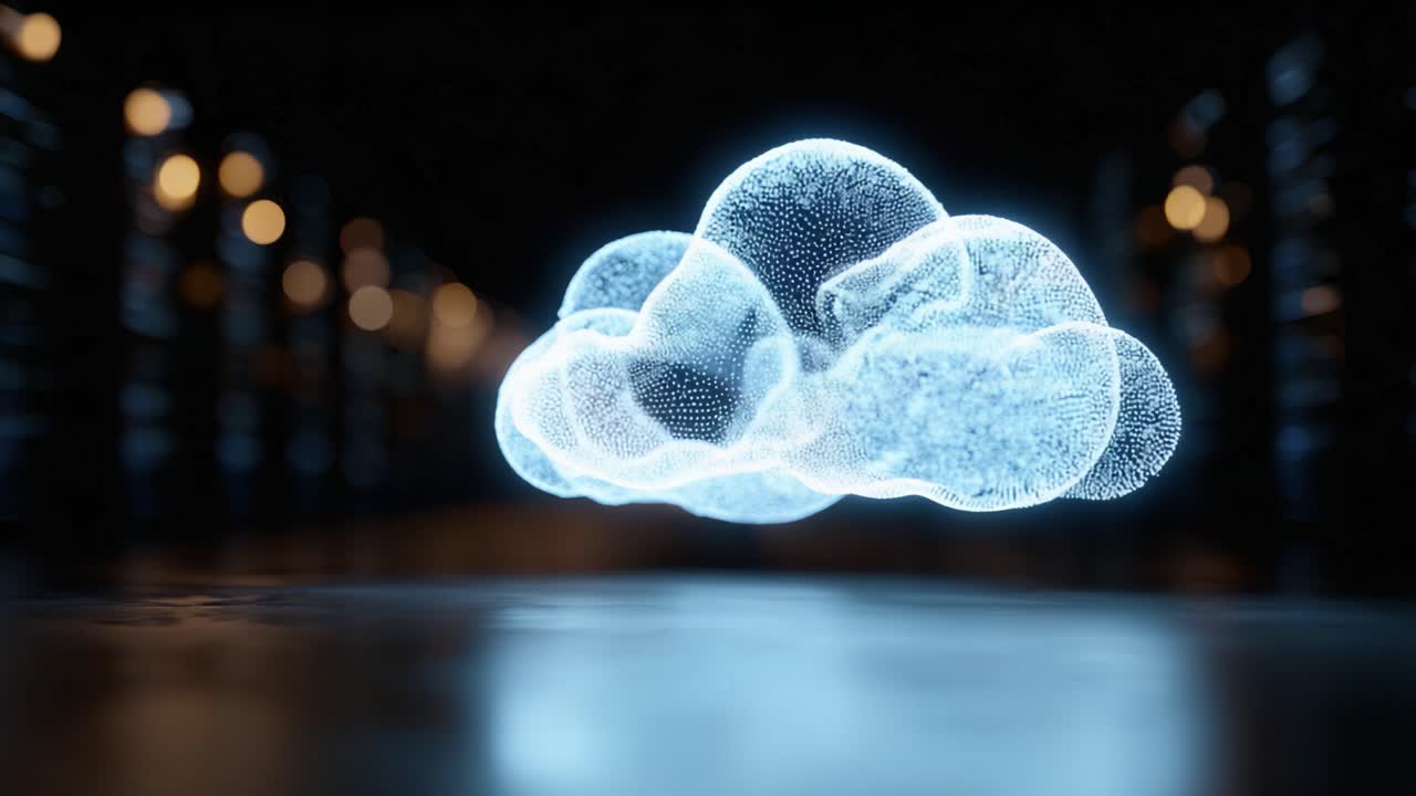 A High-tech 3D Representation of a Cloud, Embedded with Elegant Particles, Floating Above a Reflective Surface in a Dimly Lit, Server-Like Environment