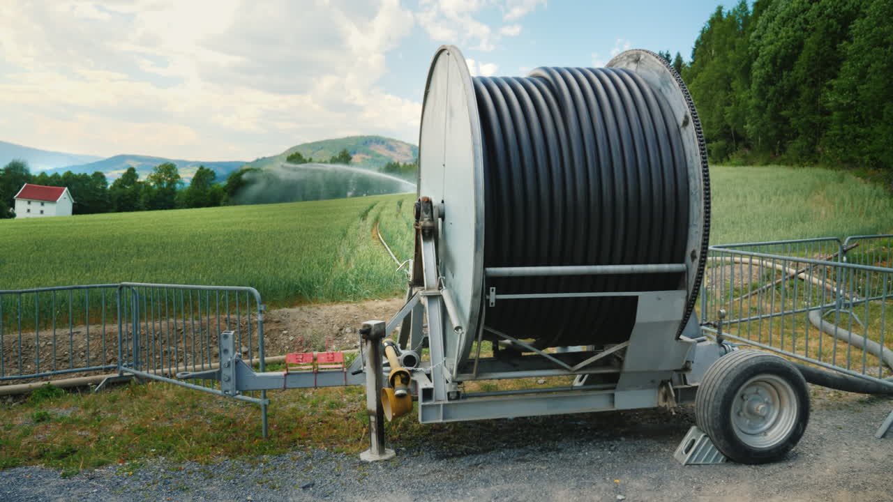 Irrigazione del campo di grano. Un sistema di irrigazione è presente vicino al pittoresco campo verde.