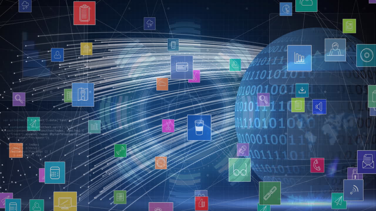 Digital animation of multiple digital icons floating against binary coding on globe