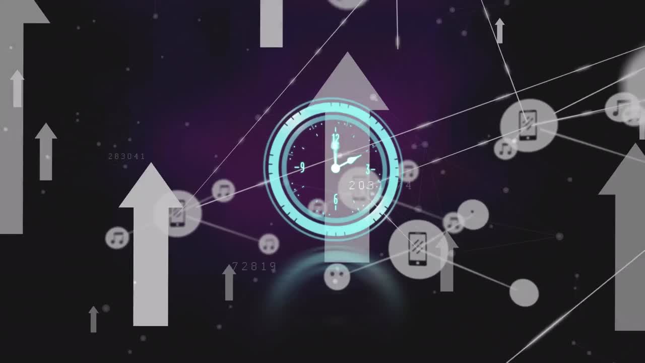 animación de reloj de neón y red de iconos digitales y flecha múltiple moviéndose hacia arriba