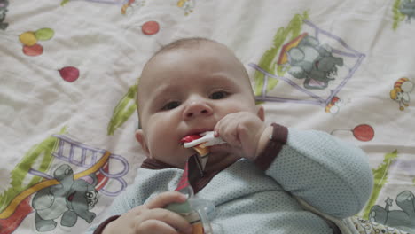 a four months old baby, lies on the coach with colorful bedsheet and playing with the baby's dummy toys, holding it in his hands