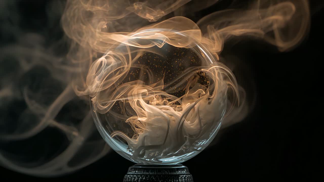 Glass sphere hosting swirling gold smoke on ornate pedestal in studio, with vapor emerging at base