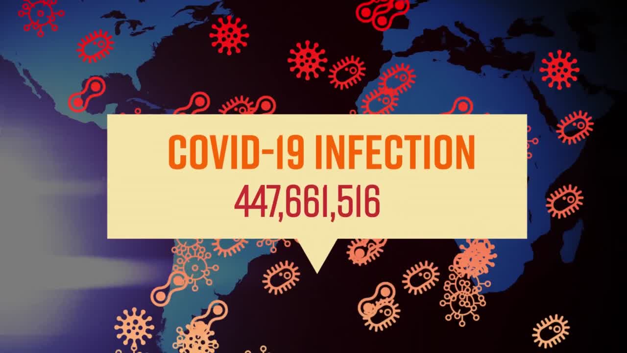 세계 지도 위의 코로나19 텍스트 애니메이션