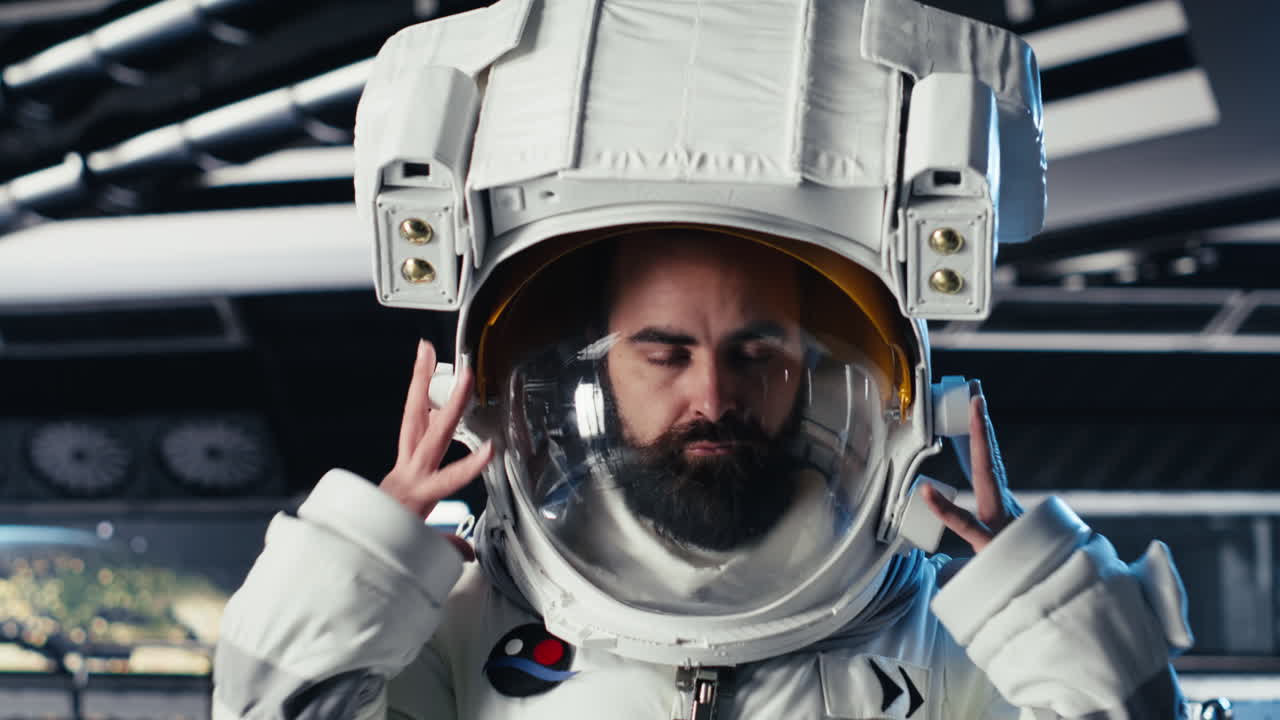 Portrait of joyful astronaut holding helmet in starship