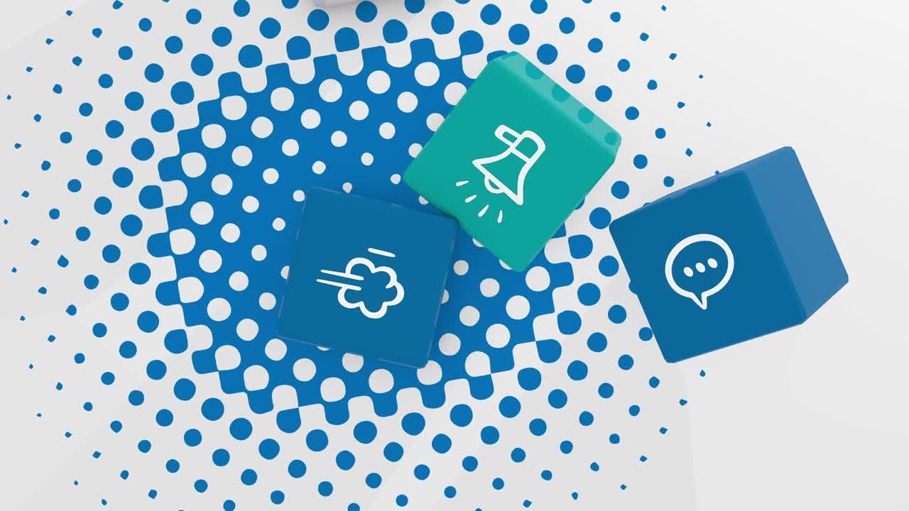 animación 3d, algunos cubos con iconos deslizándose sobre un fondo blanco con puntos azules