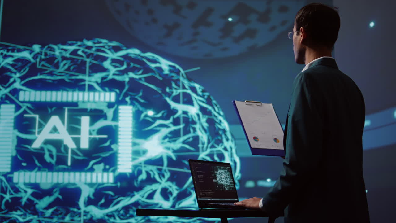 Startup employee looking over business charts, using AI software