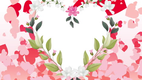 animation of multiple hearts over heart of flowers with copy space on white background